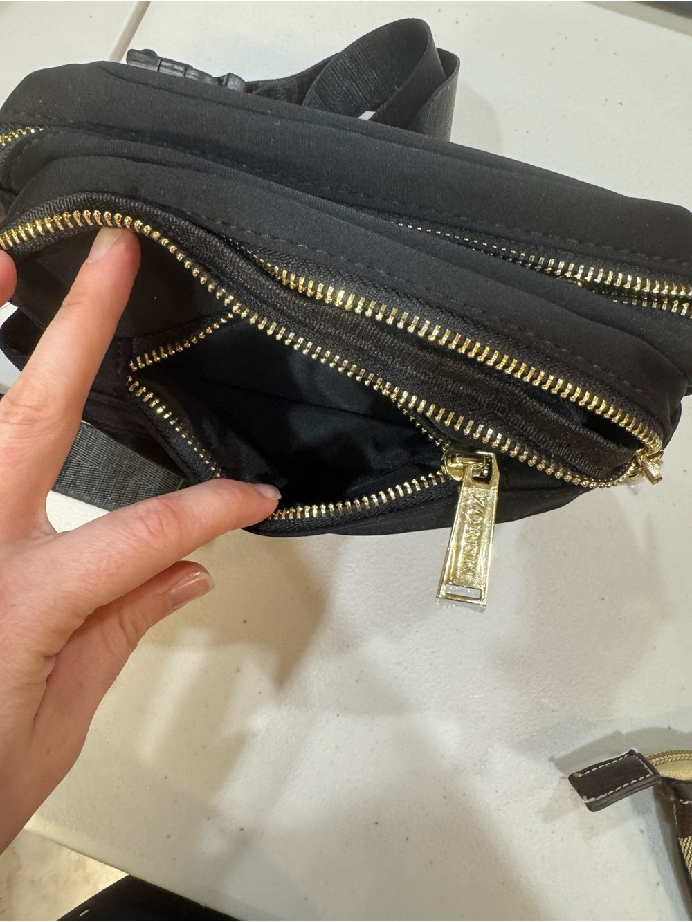 Zorfin Black Crossbody Belt Bag with Gold Zippers - Picture 2 of 6